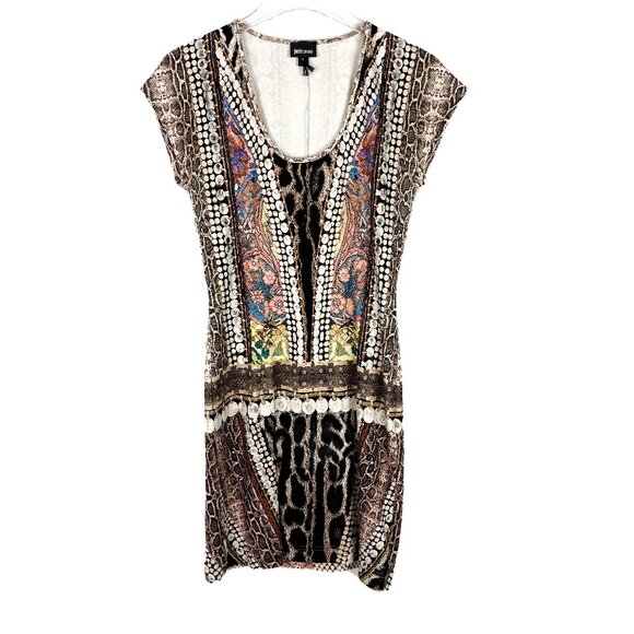 Just Cavalli Mixed Print Cap Sleeve Scoopneck Bodycon Mini Dress Size Medium M - Picture 1 of 11